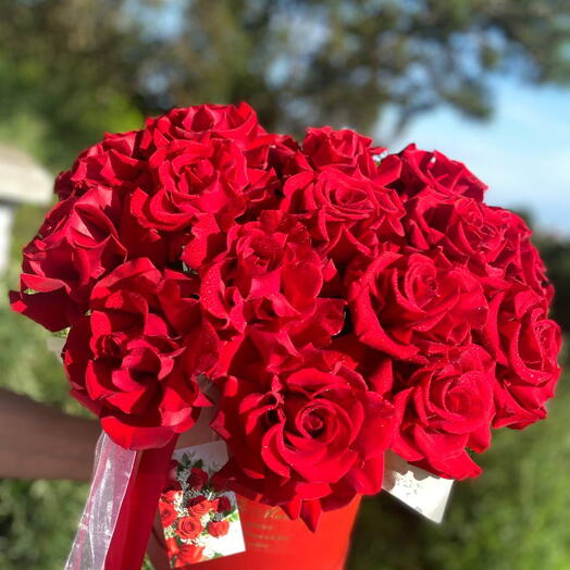 red flower box with 17 French roses