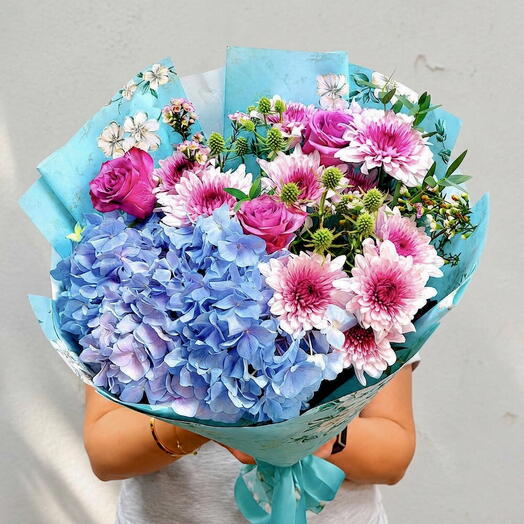 Luna Bloom-Hand-Tied Flower Bouquet with Blue Hydrangea, Pink Roses   Chrysanthemums, Blue Floral Wrap