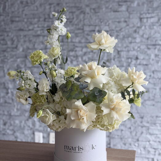 Quiet Bloom Box - White French Roses, Green Carnations, White Eustomas, Hydrangeas, Stock