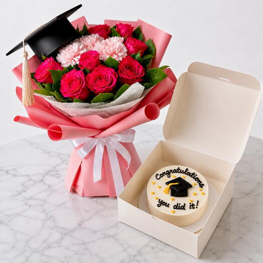 Graduation Celebration Combo – Red Roses, Carnations and Bento Cake