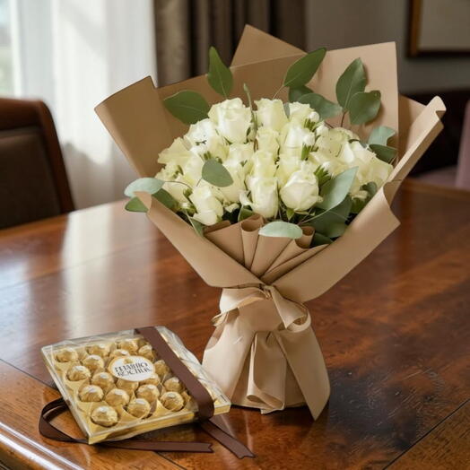 25 White Rose Ferrero Rocher Bouquet