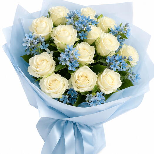White Roses   Blue Star Flower Bouquet