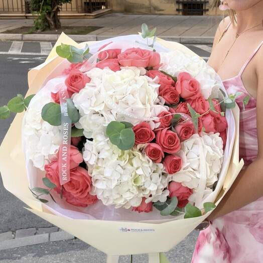 🌸 Giant Luxury: White Hydrangeas, Coral Roses   Eucalyptus