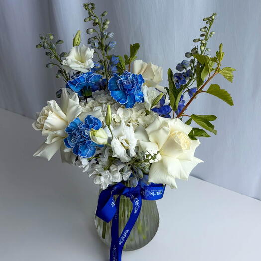 Blue Hour Vase Arrangement - Hydrangea, Carnations, Delphinium, Lisianthus, French Roses