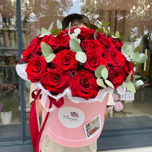 Flowerbox L with red roses and eucalyptus