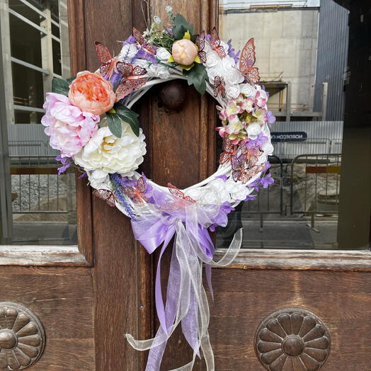 Handmade decorative floral door wreath with peonies and butterflies