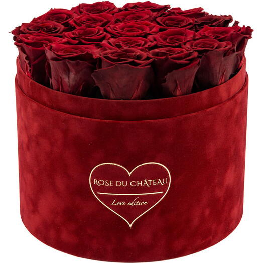 Red Eternal Roses in a Large Red Flocked Box - LOVE EDITION