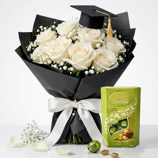 Luxury Graduation Combo – 9 White Roses   Lindt Chocolate 200g