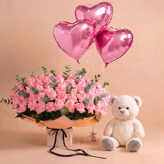 Pink Rose Bouquet with Heart Balloons   Teddy Bear