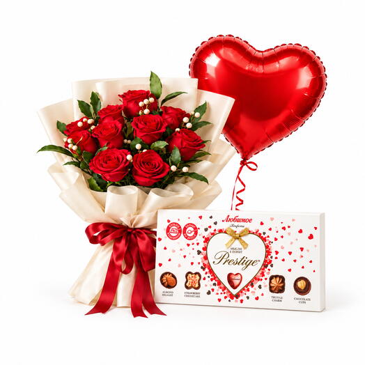 Romantic Gift Set with Red Roses, Heart Balloon   Prestige Chocolates