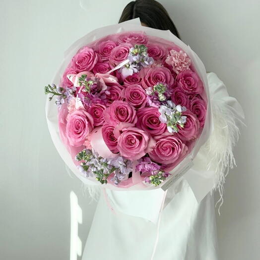 Memories _ Pink Roses With Dhelium Bouquet For Her