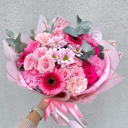 Pink bouquet mix flowers with eucalyptus
