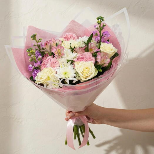 Bloom Paradox-Flower Bouquet with White Roses, Pink Carnations, Chrysanthemums   Alstroemeria, Pink Wrapped