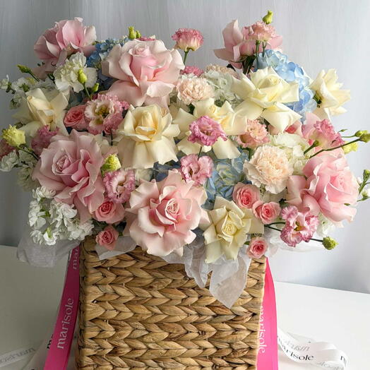 Love Letter Basket – French Roses, Hydrangeas, Lisianthus, Spray Roses, Carnations   Stock