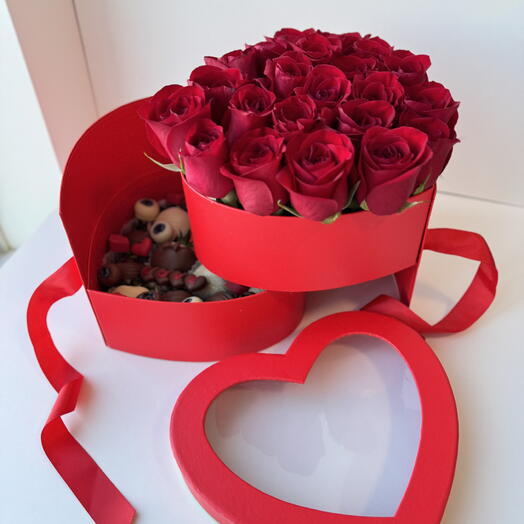Red Heart-Shaped Two-Tier Box with Roses   Chocolate Strawberries ️🌹🍓