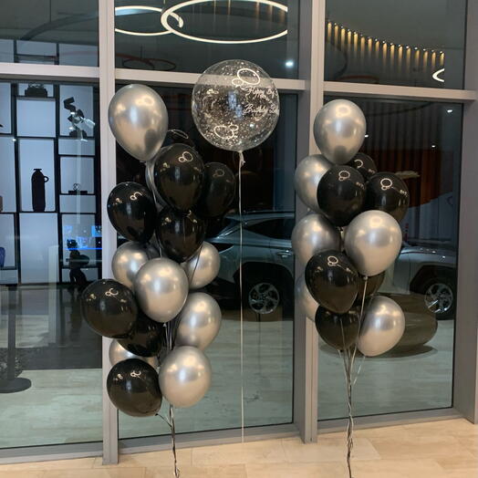 2 sets: 15 chrome silver 15 latex black  + 1 babble balloon with print and confetti