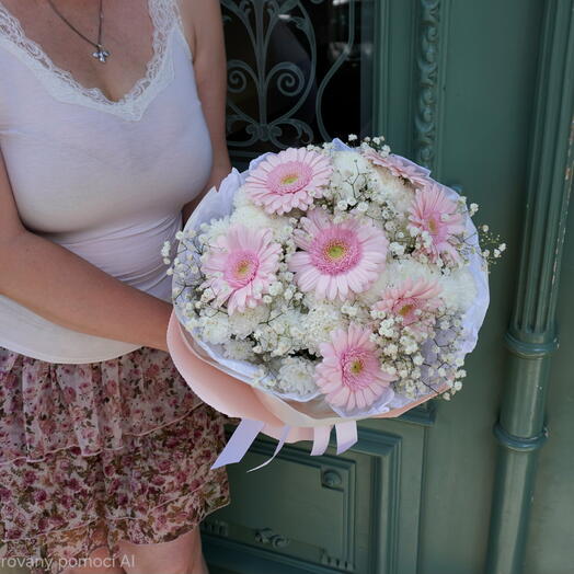Fiore da favola (gerbere rosa tenue, soffici nuvole di crisantemi)