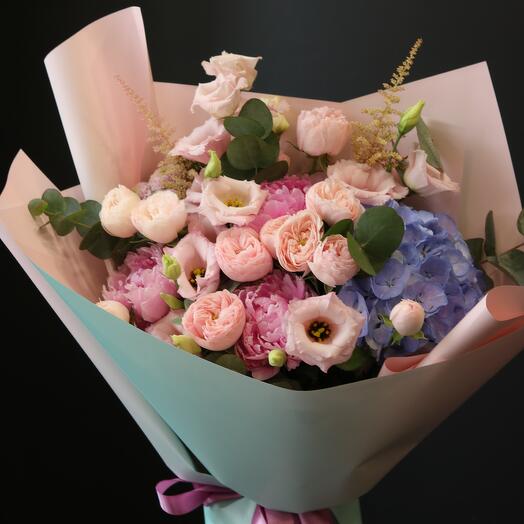 Bouquet with peonies, peony roses, hydrangea, lisianthus, astilbe and eucalyptus