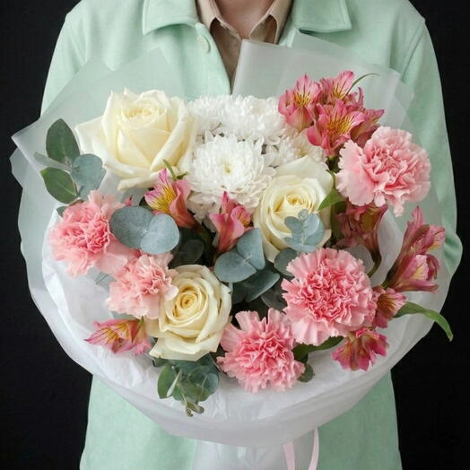 🌸 Elegant Charm: White Roses, Carnations   Alstroemeria