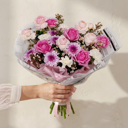 Heavenly Blush Bouquet-Flower Bouquet with Pink Roses, Carnations, Chrysanthemums   Seasonal Blooms, Wrapped