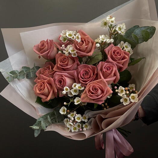 Bouquet with Roses "Barista"- 11 pcs., Waxflowers -3 pcs., Eucalyptus and packaging