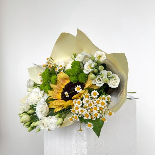 Green   White Bouquet with Sunflower