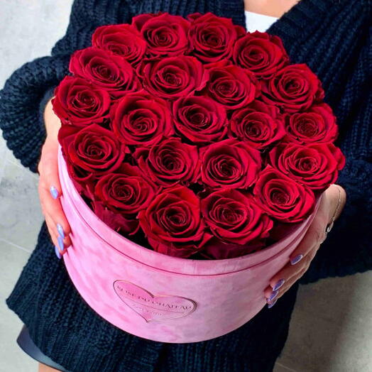 Red Eternal Roses in a Large Pink Flocked Box