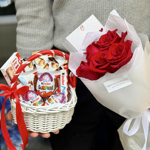 ️ Kinder Basket + 5 Red Roses
