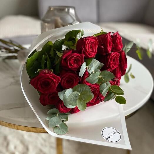 15 roses with eucalyptus