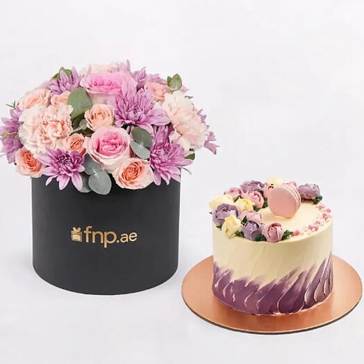 Premium Black Box Flower Arrangement With Chocolate Macaron Cake