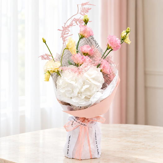 Delicate White Hydrangea and Pink Lisianthus Bouquet