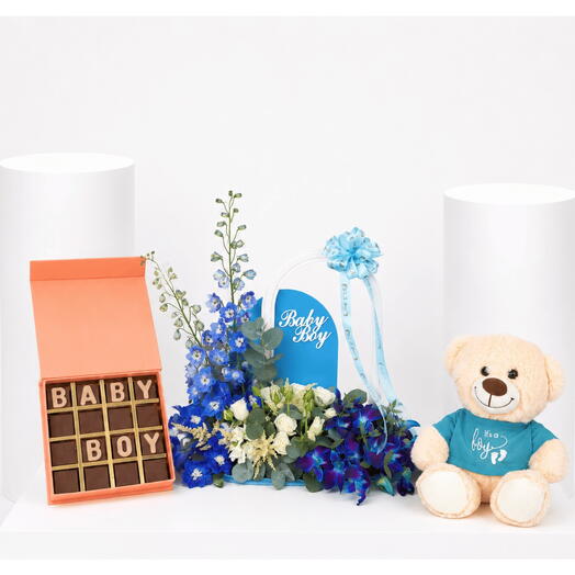 Welcome Baby Boy Flower   Teddy Tray