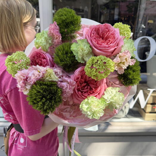 Watermelon Sorbet Bouquet S Size (Viburnum,Pink Expression Garden Roses,Green Balls,Lisianthus,Carnations,Hydrangeas)