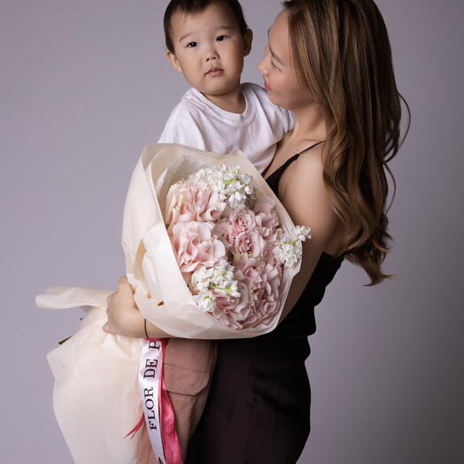 "Tenderness Feelings" Bouquet SMALL size (French pink roses, hydrangeas, pink spray roses, stocks)