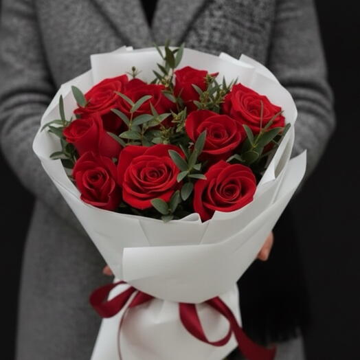 9 Red Explorer Roses   Pistacia Greenery Bouquet / Bouquet of 9 Red Explorer Roses