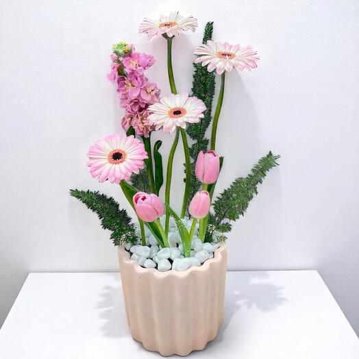Pastel Garden Flower Arrangement in Ceramic Pot – Pink Tulips and Gerberas Floral Gift