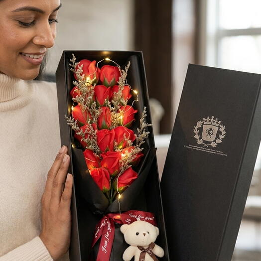 ️ Classic Red Rose Gift Box with LED Light, Teddy   Card 🎁 | 16 Roses in 18x5