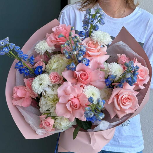 Blush   Sky Bouquet – Hydrangea, French Roses, Delphinium, Spray Roses, Chrysanthemums