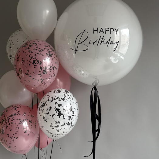 Happy Birthday giant clear 36-inch balloon, and 10 mixed confetti balloons