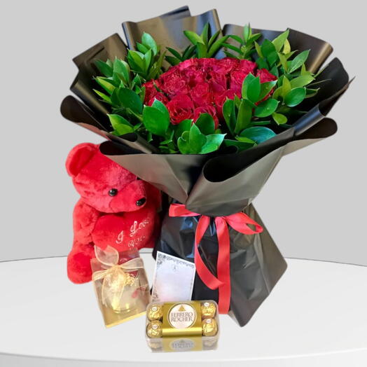 The Love Combo Set_24 Red Roses Bouquet With Red Teddy, Rocher Chocolate, Candle For Proposal And Birthday