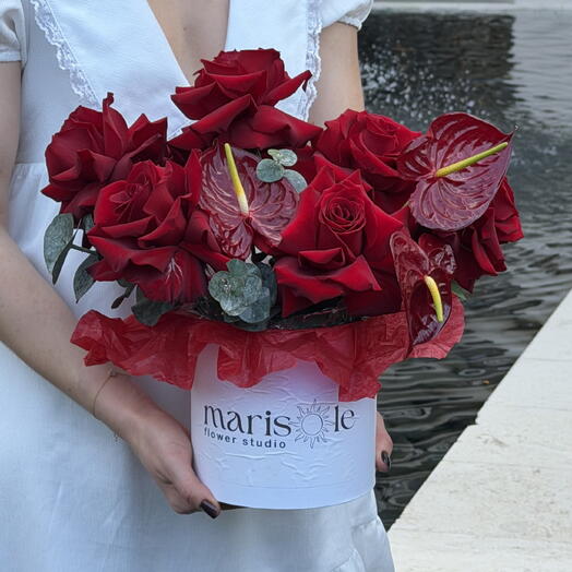 Scarlett Box - French Roses, Anthurium, Eucalyptus