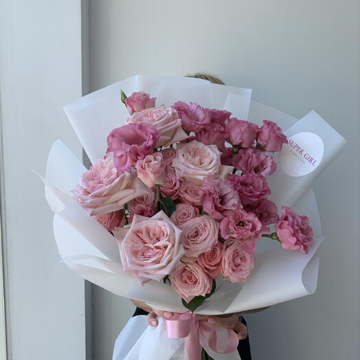 Pink elegant bouquet with peony roses and eustoma