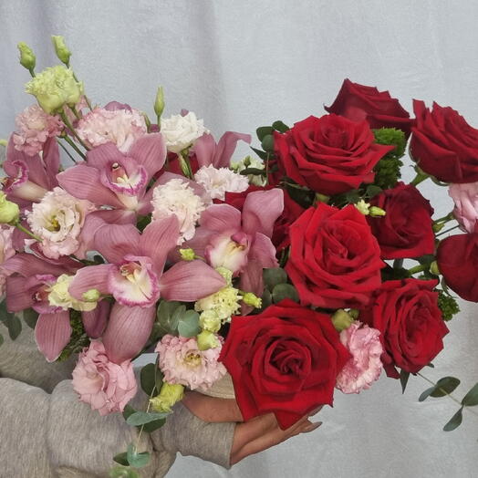 Red Roses   Pink Orchids Basket Arrangement