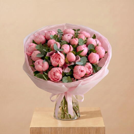 Bouquet of Pink Peonies with Eucalyptus - 25 pcs