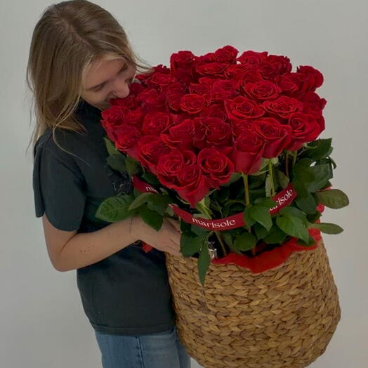 50 Roses in Basket - Fresh Premium Longstem Roses
