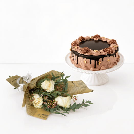 Ferrero Rocher Cake   White Rose Bouquet Combo