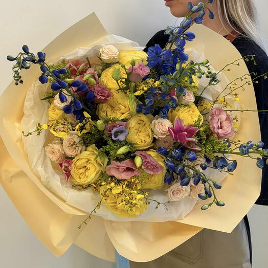 Dopamine Bouquet - Garden Roses, Tulips, Spray Roses, Delphinium, Dancing lady, Eustoma
