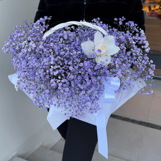 Lavender Gypsophila basket with orchid