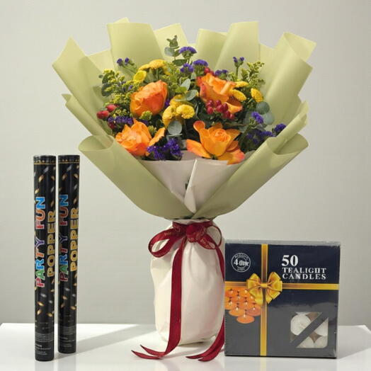 Diwali Celebration Set – Flowers, 50 Tealights   Poppers | Same-Day Dubai