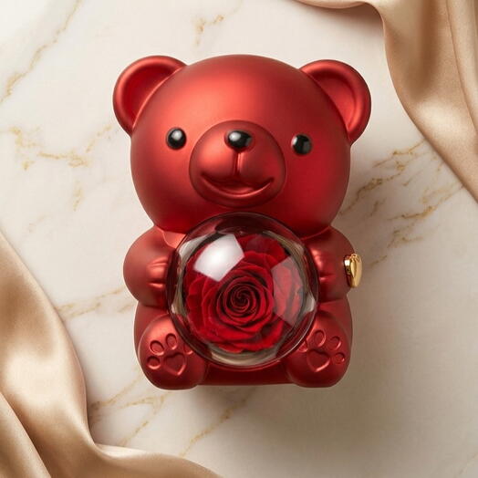 Red Luxury Teddy Bear Gift Set with Preserved Rose   Stainless Steel Ring